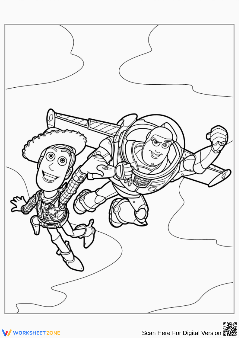 Woody Coloring Page with Buzz Lightyear Flying - Page 1