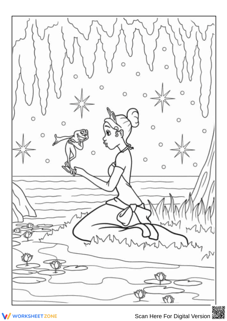 Princess Tiana Kissing Frog Coloring Page - Page 1