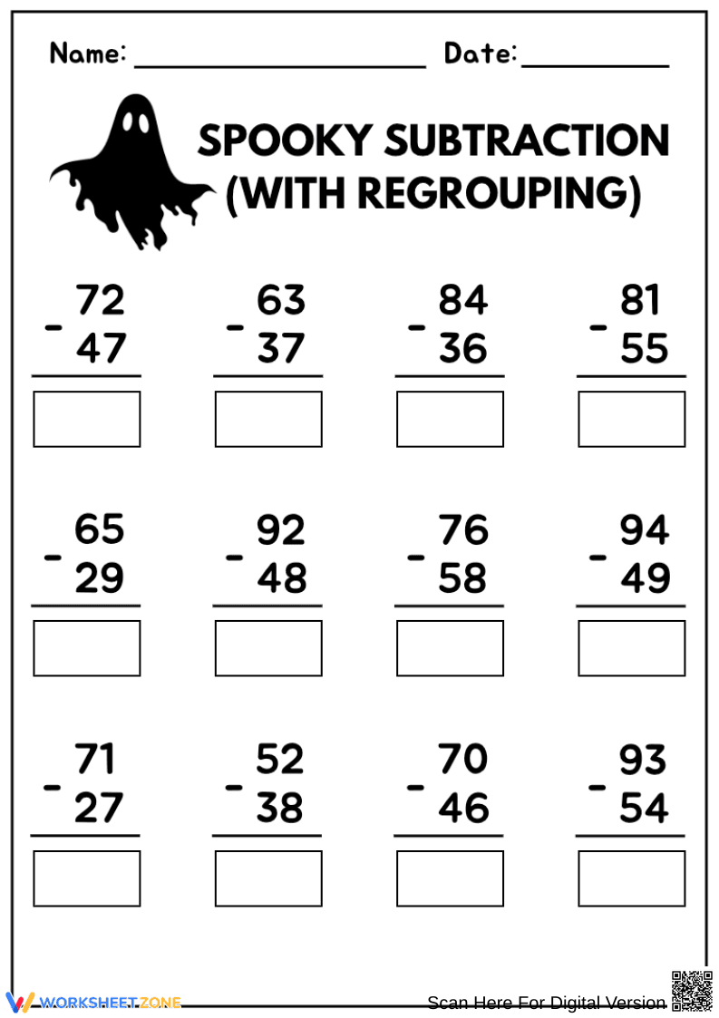 Spooky Halloween Subtraction with Regrouping - Page 1