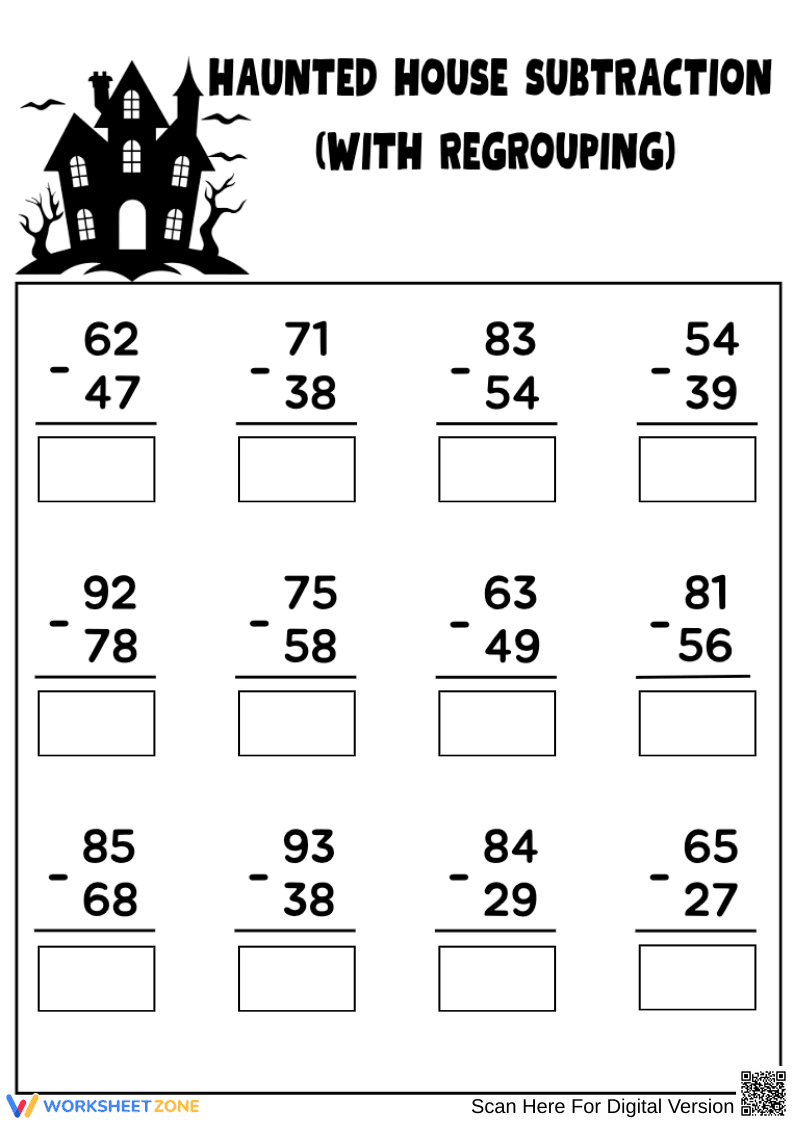 Haunted House Halloween Subtraction with Regrouping - Page 1