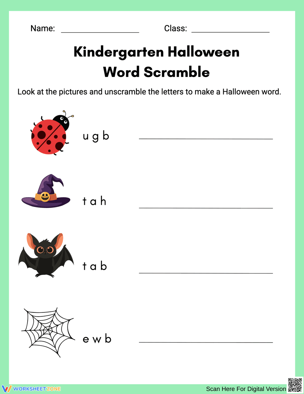 Kindergarten Halloween Word Scramble - Page 1
