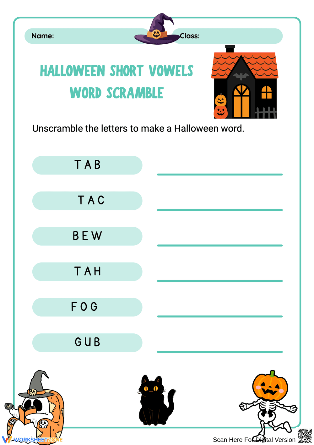Grade 1-2 Halloween Short Vowel Word Scramble - Page 1