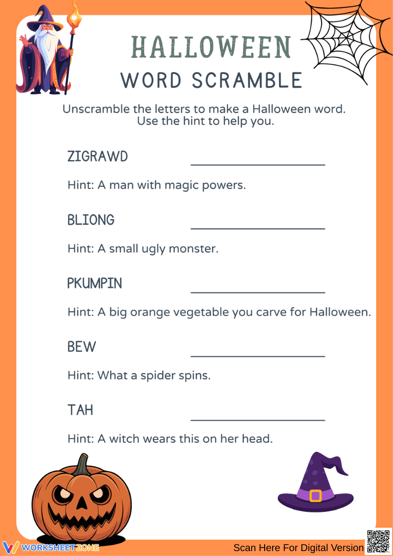 Grade 2 Halloween Short Vowel Word Scramble - Page 1