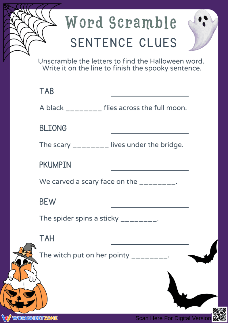 Grade 2 Halloween Short Vowel Word Scramble with Sentences - Page 1