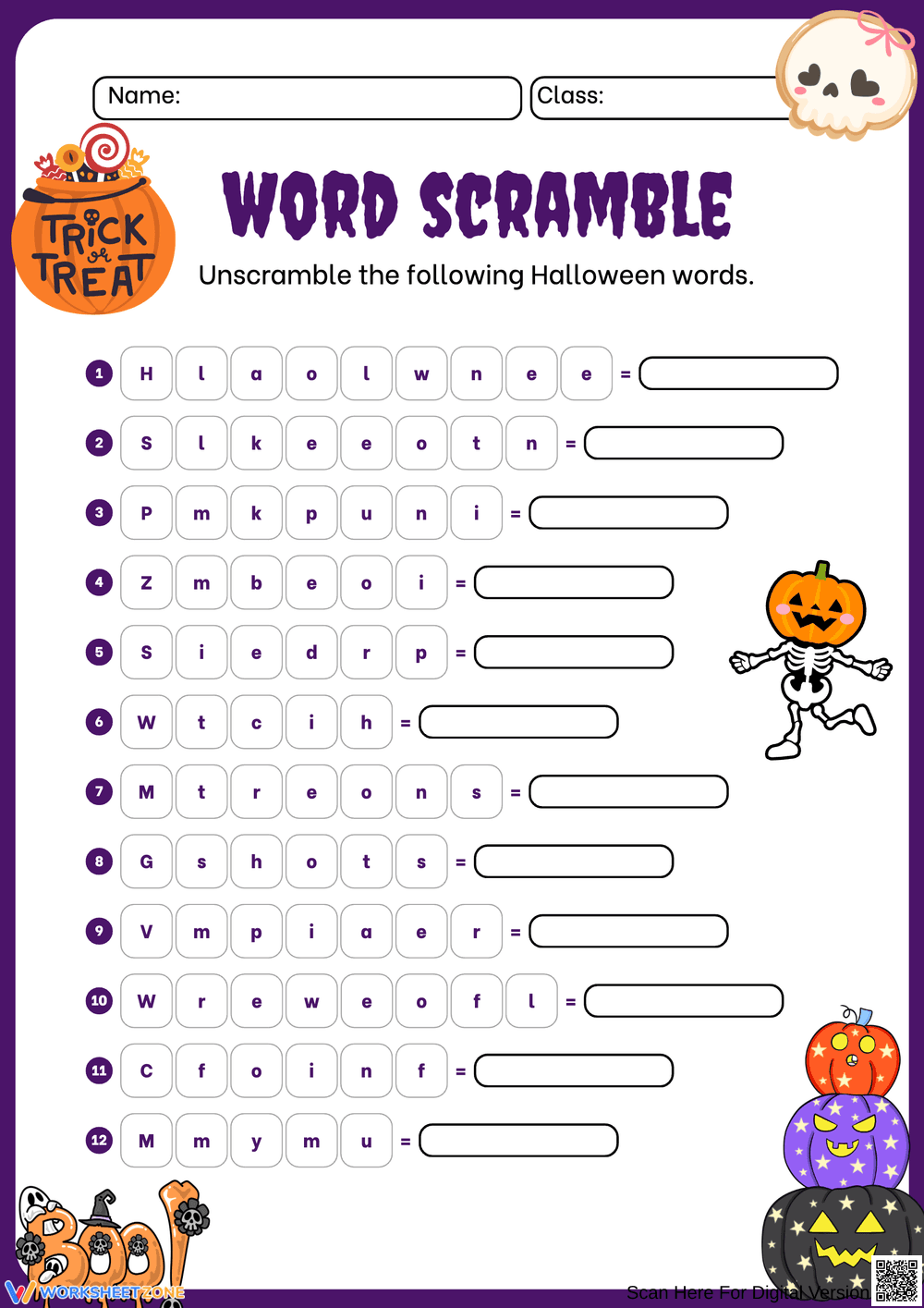 Halloween Word Scramble Challenge Worksheet - Page 1