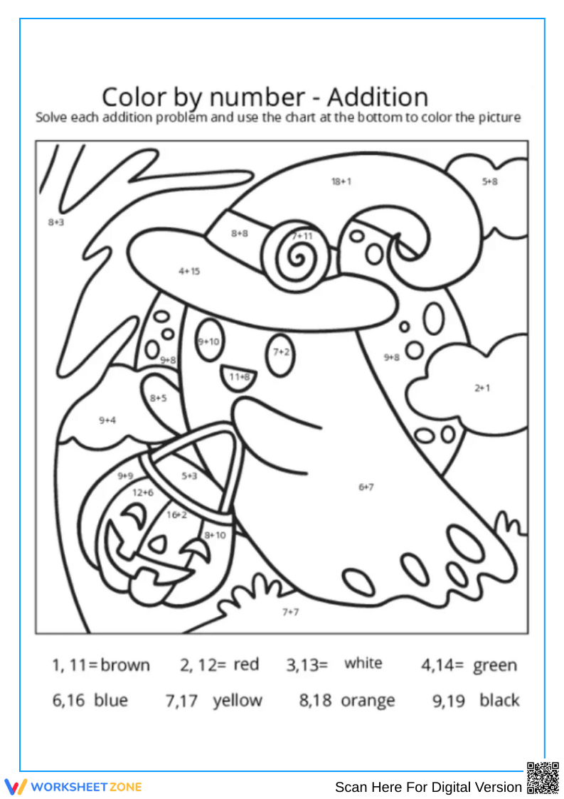 Halloween Ghost Addition Color by Number Worksheet - Page 1