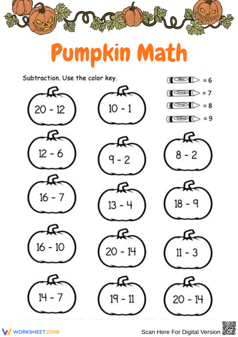 Pumpkin Math Subtraction Worksheet - Page 1