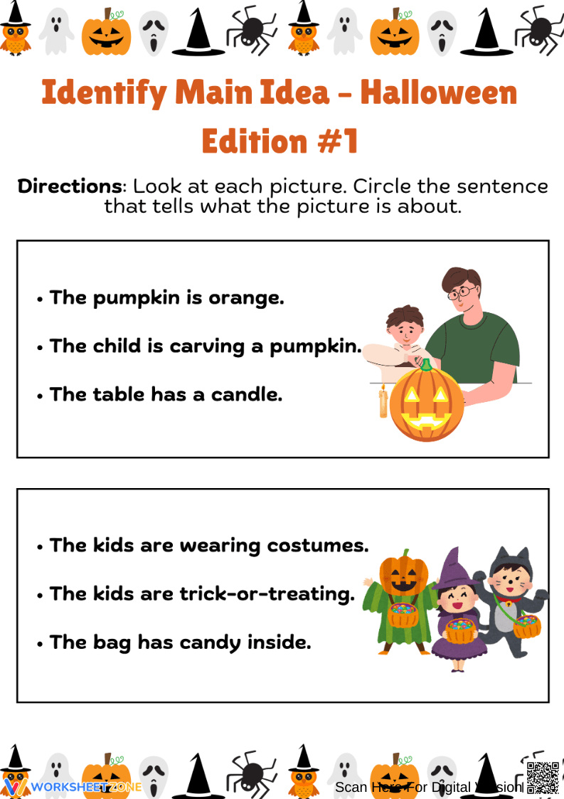 Halloween Main Idea Worksheet for Reading Comprehension - Page 1