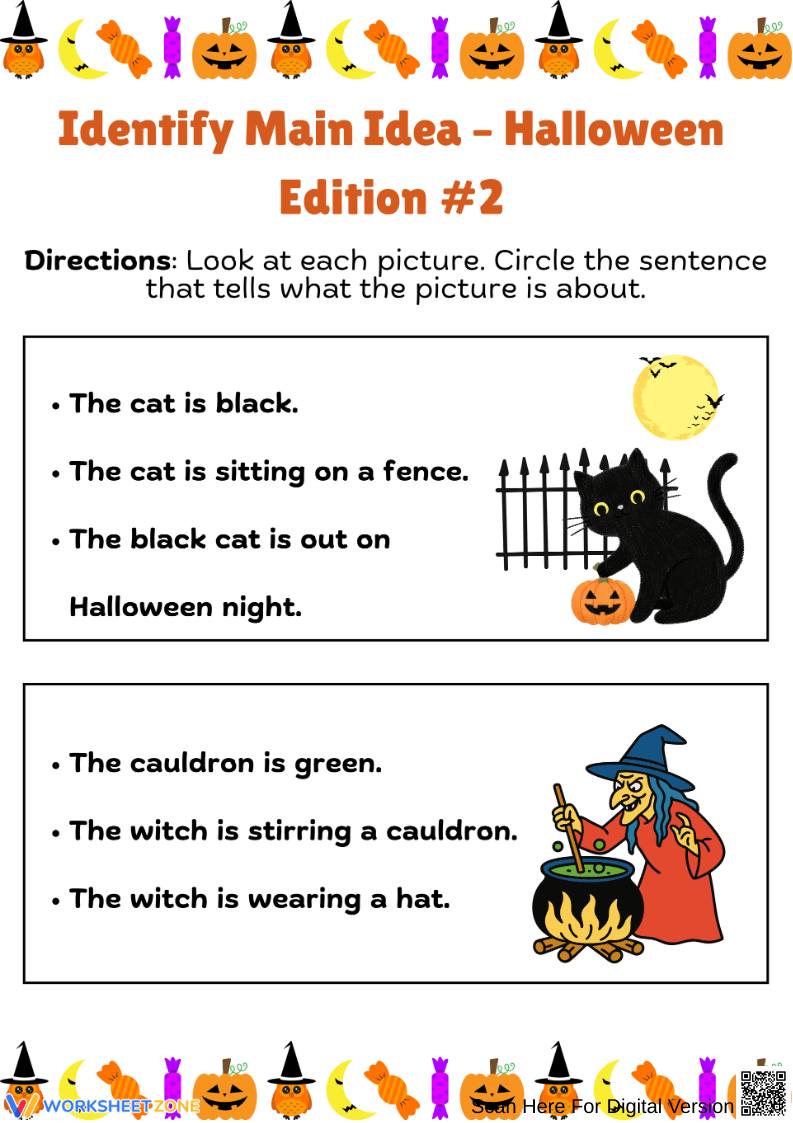 Halloween Main Idea Worksheet – Black Cat & Witch - Page 1
