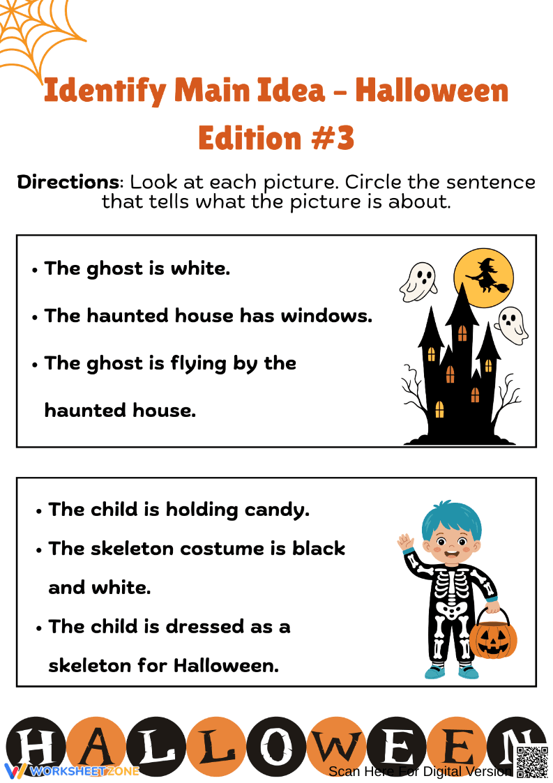 Halloween Main Idea Worksheet – Ghost & Skeleton - Page 1