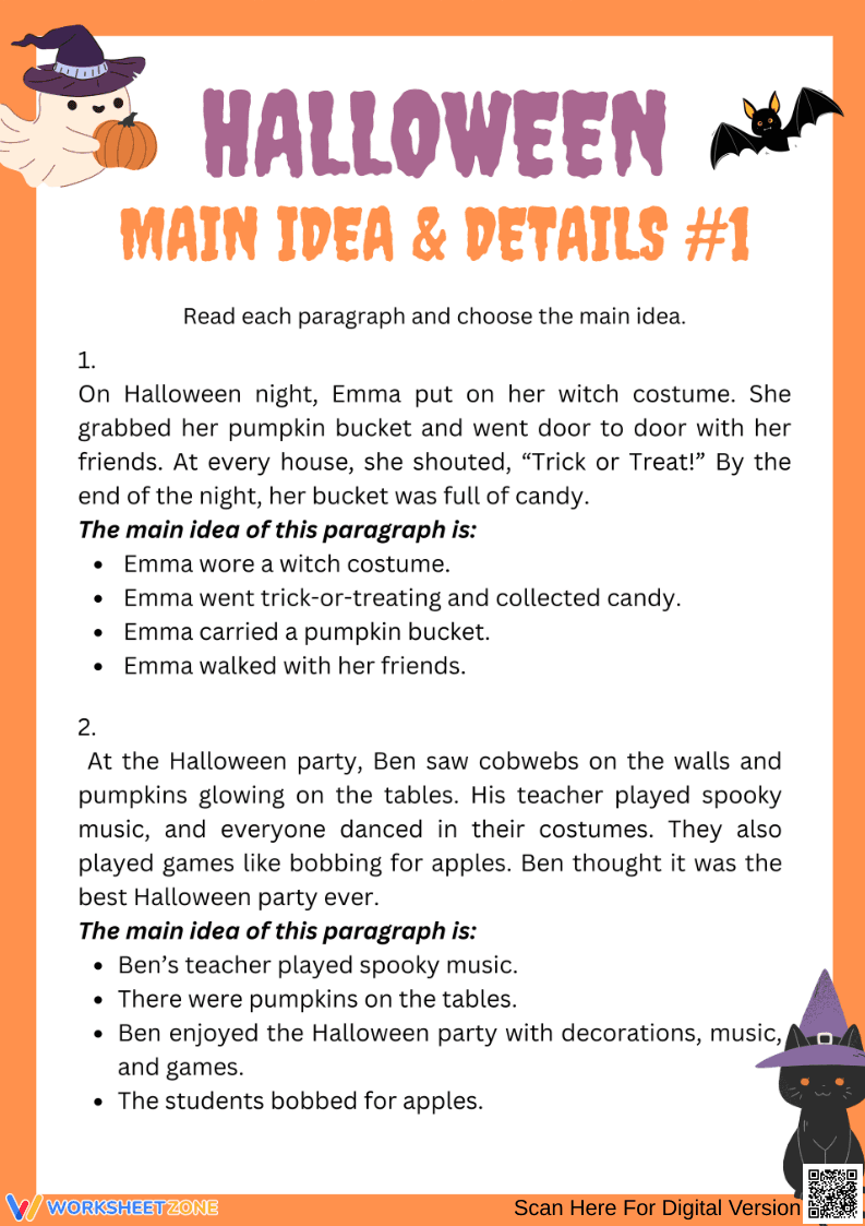 Halloween Reading Worksheet – Main Idea and Details Practice - Page 1
