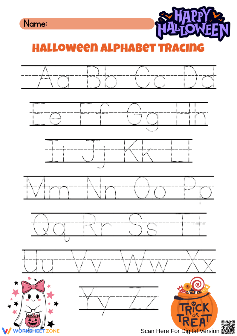 Halloween Alphabet Tracing Worksheet for Kindergarten - Page 1