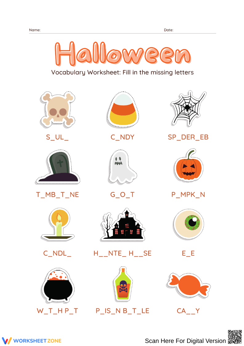 Halloween Vocabulary Fill-in-the-Letters Worksheet - Page 1