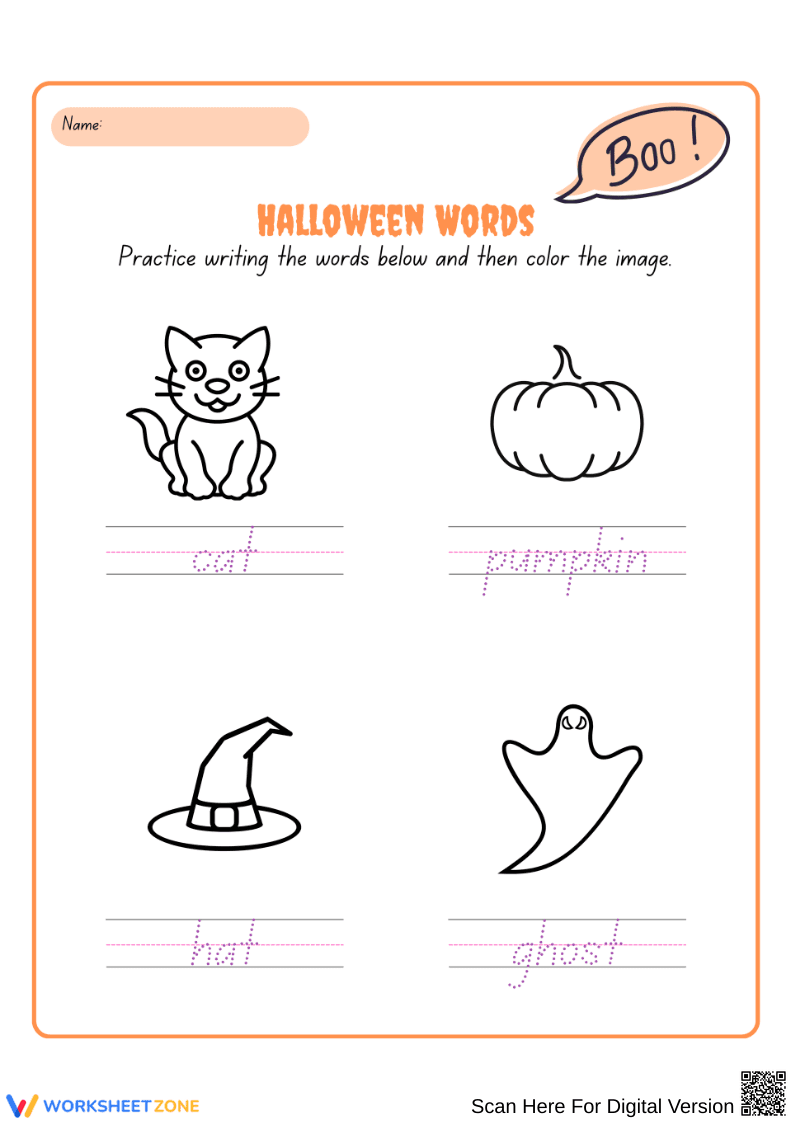 Halloween Words Tracing and Coloring Worksheet - Page 1