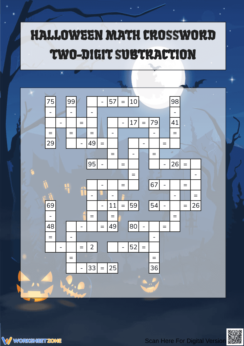 Halloween Math Crossword Two-Digit Subtraction Worksheet - Page 1