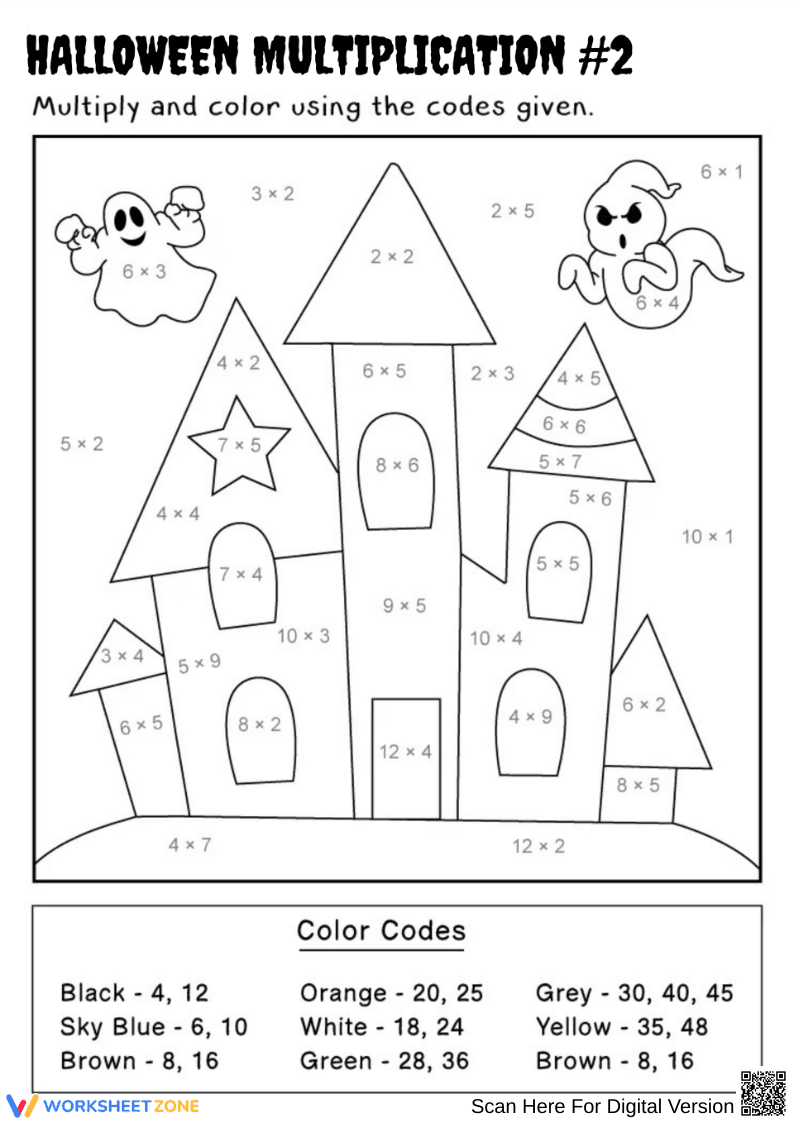 Halloween Multiplication Haunted House Coloring Math Worksheet - Page 1