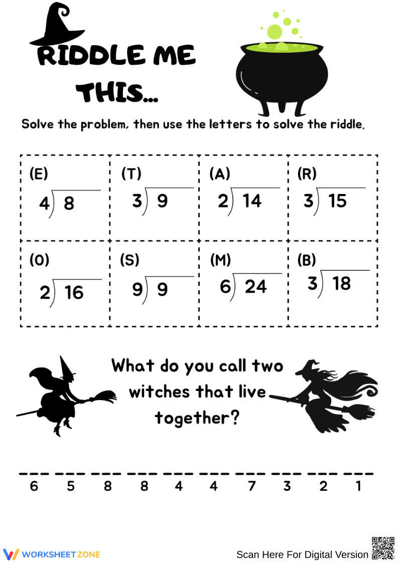 Halloween Division Riddle Math Puzzle Worksheet - Page 1