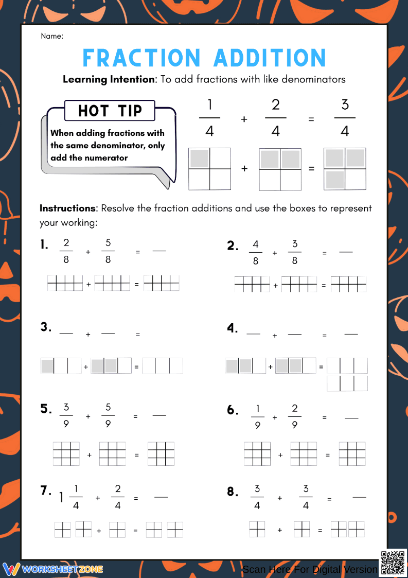 Halloween-themed Fraction Addition Worksheet - Page 1