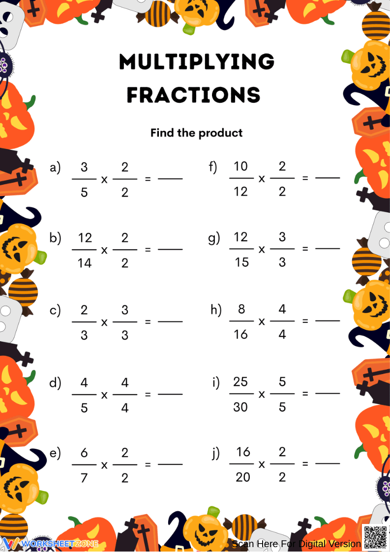Halloween Multiplying Fractions Worksheet | Grade 6 Math Practice - Page 1