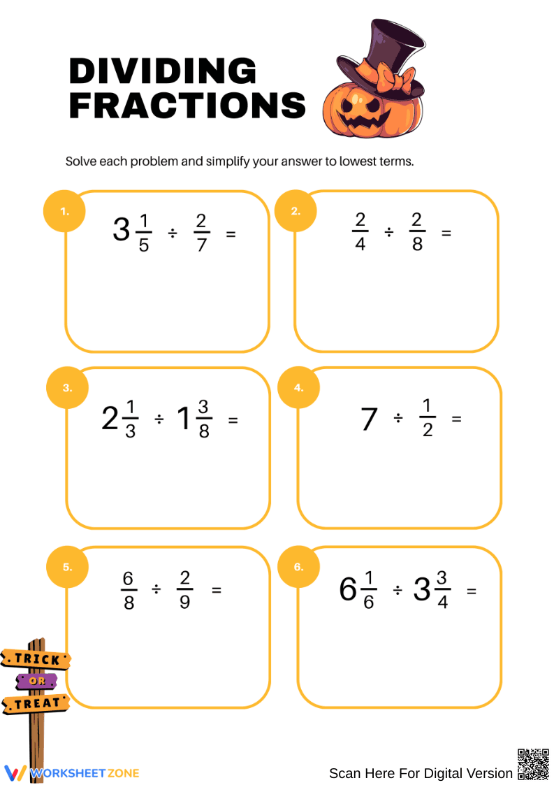 Dividing Fractions Practice Worksheet - Page 1