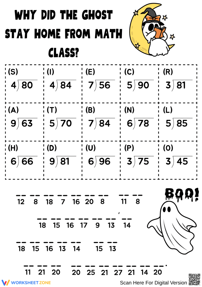 Ghostly Division Riddle Halloween Math Puzzle Worksheet - Page 1
