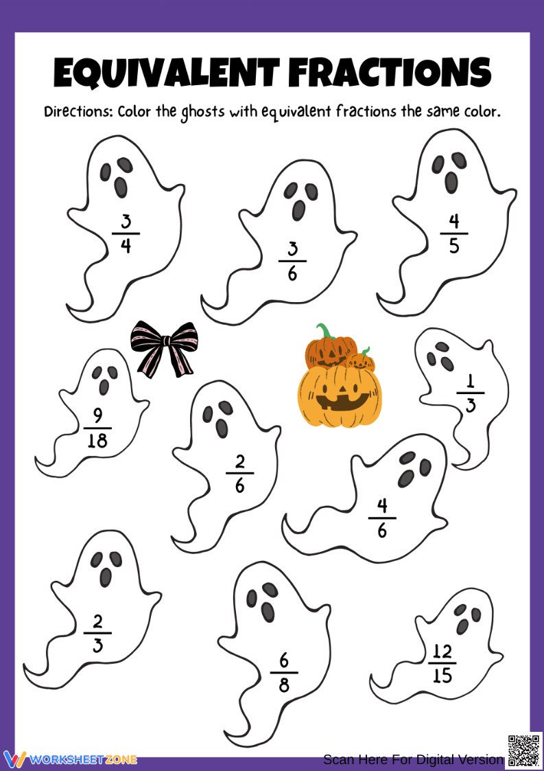 Halloween Ghostly Equivalent Fractions Coloring Worksheet - Page 1