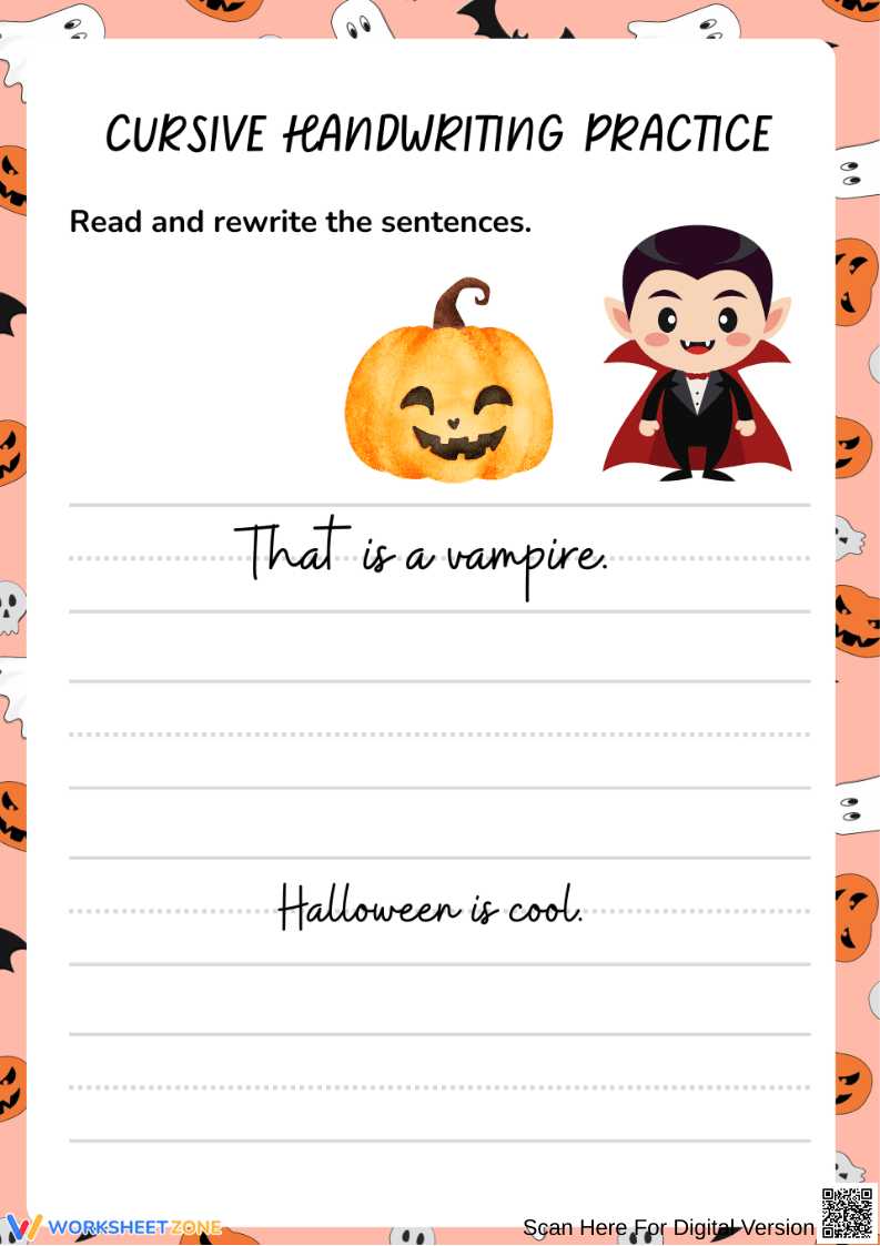 Halloween Cursive Handwriting Practice Worksheet - Page 1