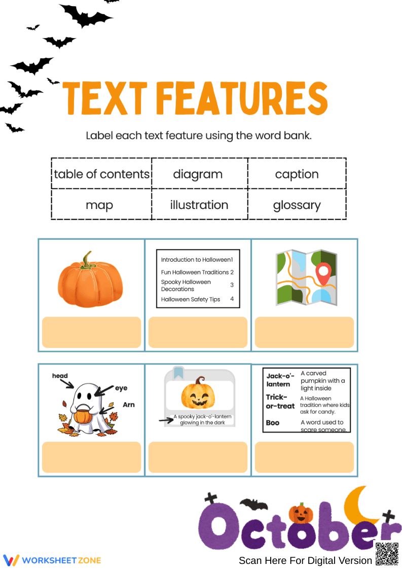 Label Halloween Text Features Worksheet - Page 1