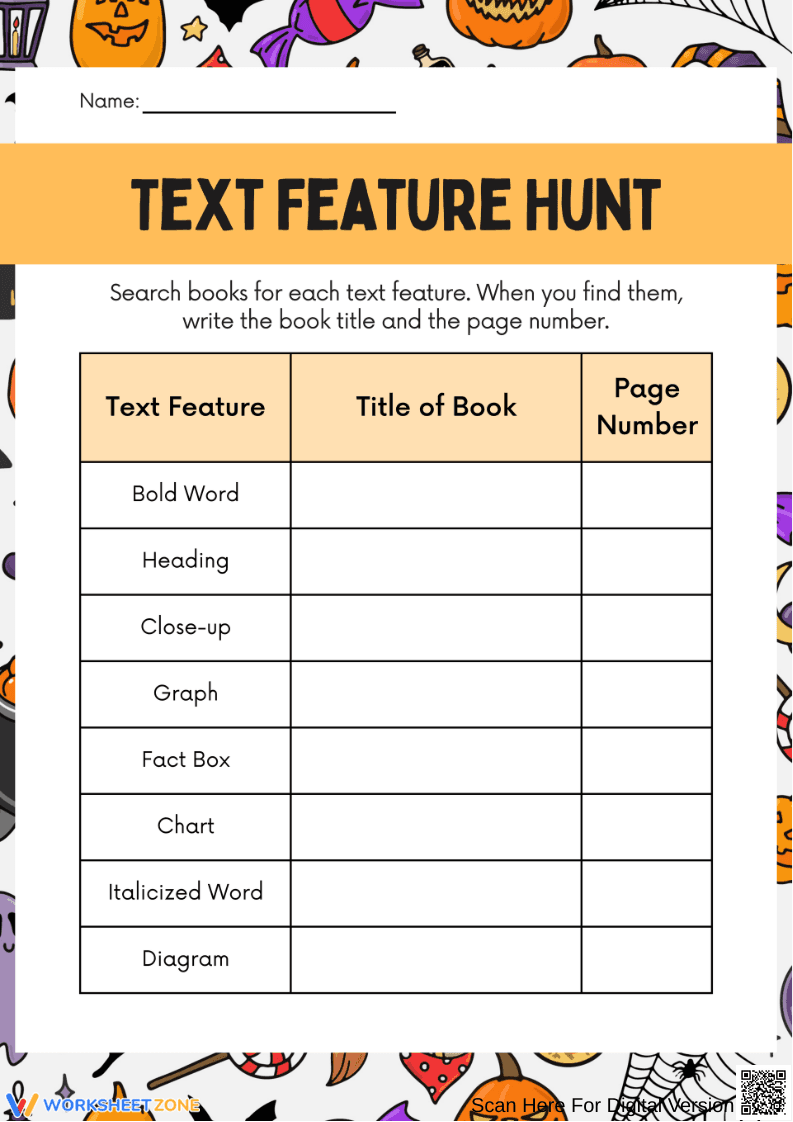 Halloween Text Feature Hunt Worksheet - Page 1