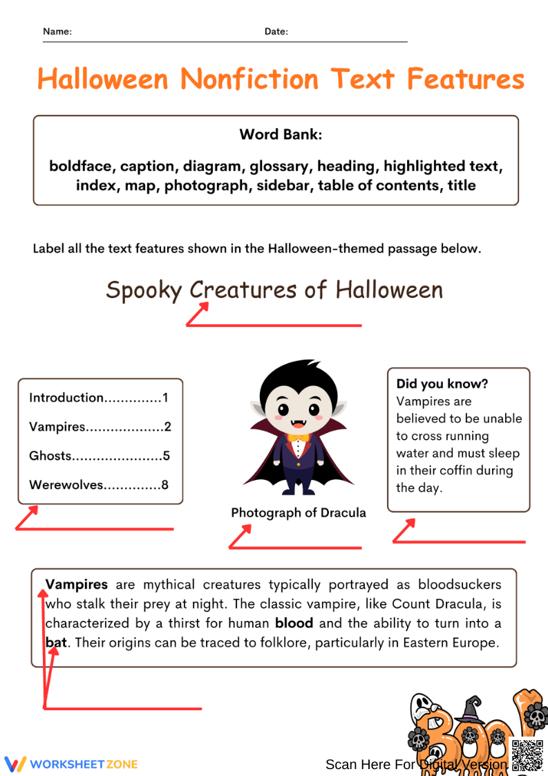 Label Halloween Nonfiction Text Features Activity - Page 1