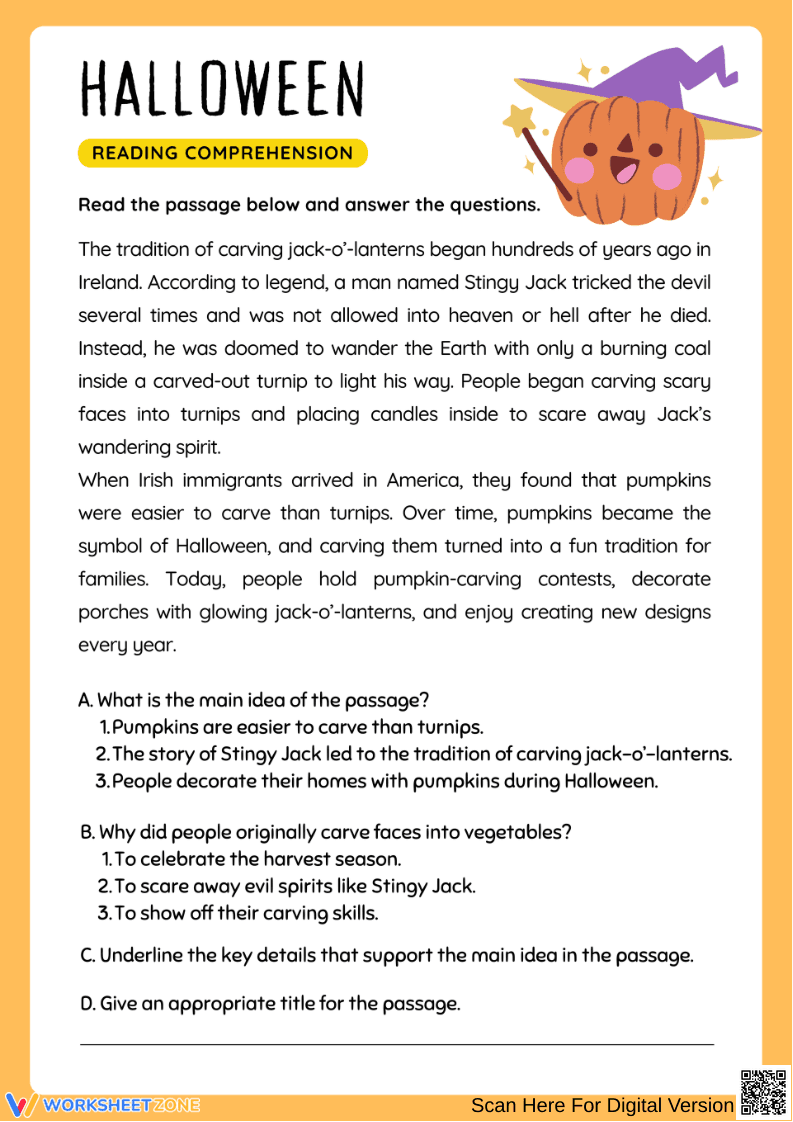 Halloween Reading Comprehension Worksheet – The Story of Jack-o’-Lanterns - Page 1