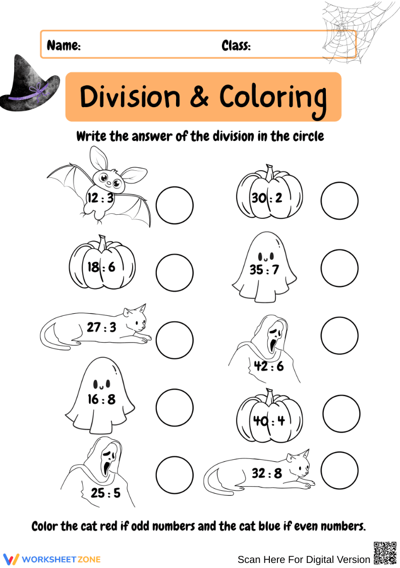 Halloween Division and Coloring Worksheet - Page 1