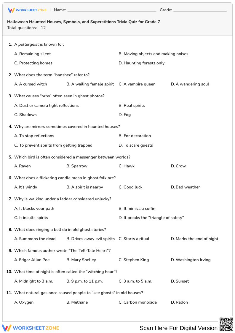 Halloween Haunted Houses, Symbols, and Superstitions Trivia Quiz for Grade 7 - Page 1