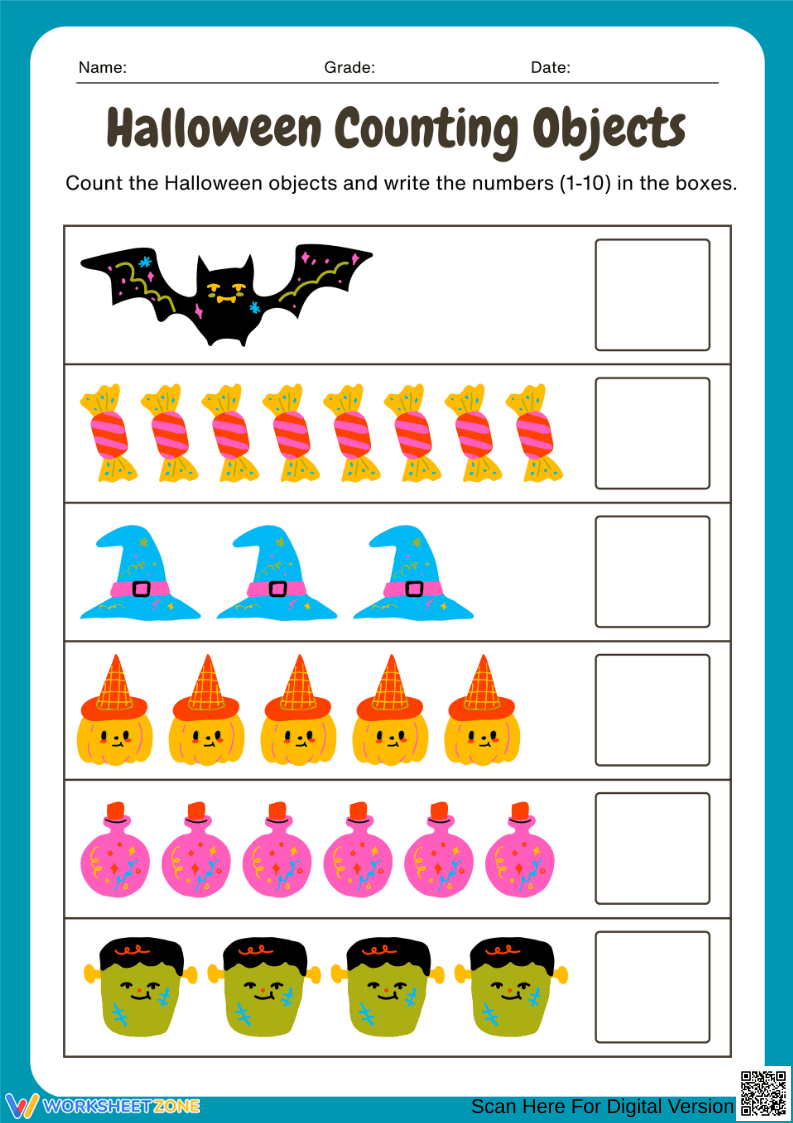 Fun Halloween Counting Objects Worksheet - Page 1