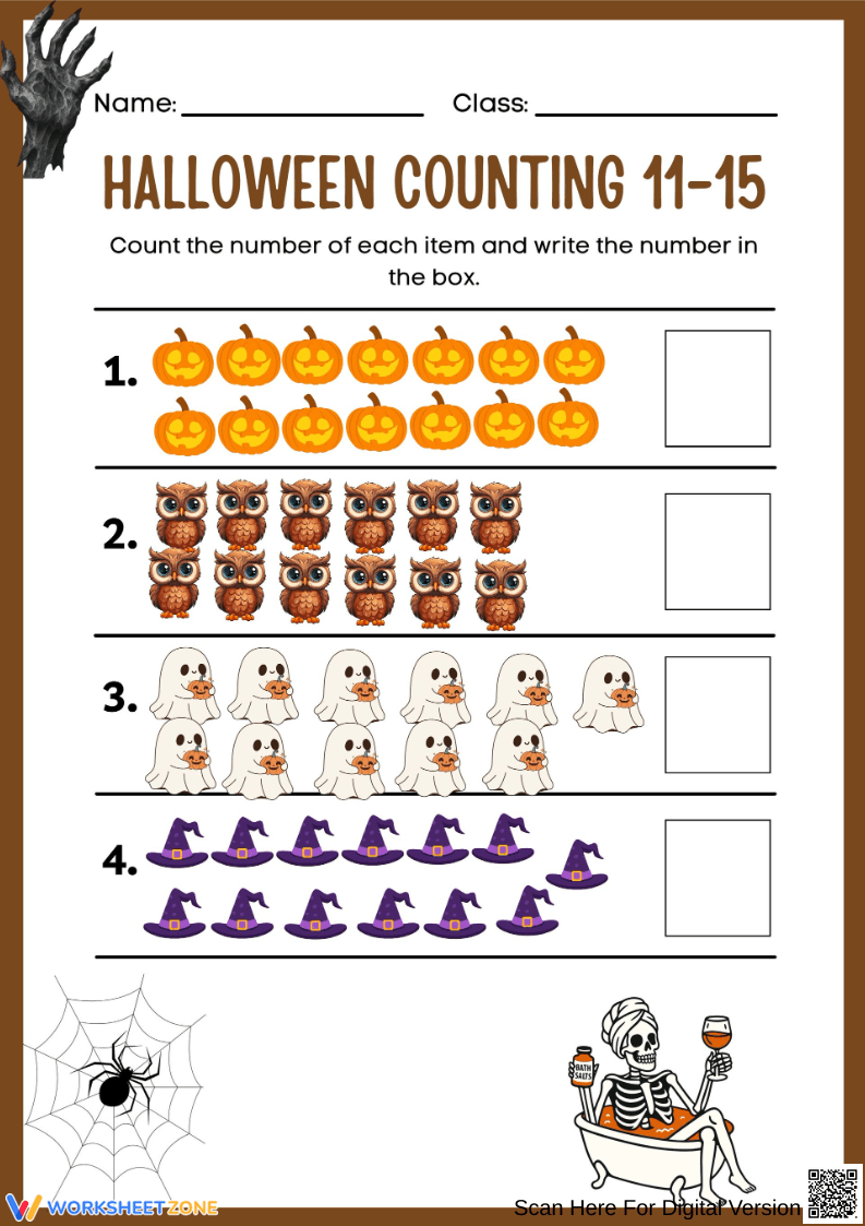 Halloween Counting Worksheet for Kindergarten – Numbers 11 to 15 - Page 1
