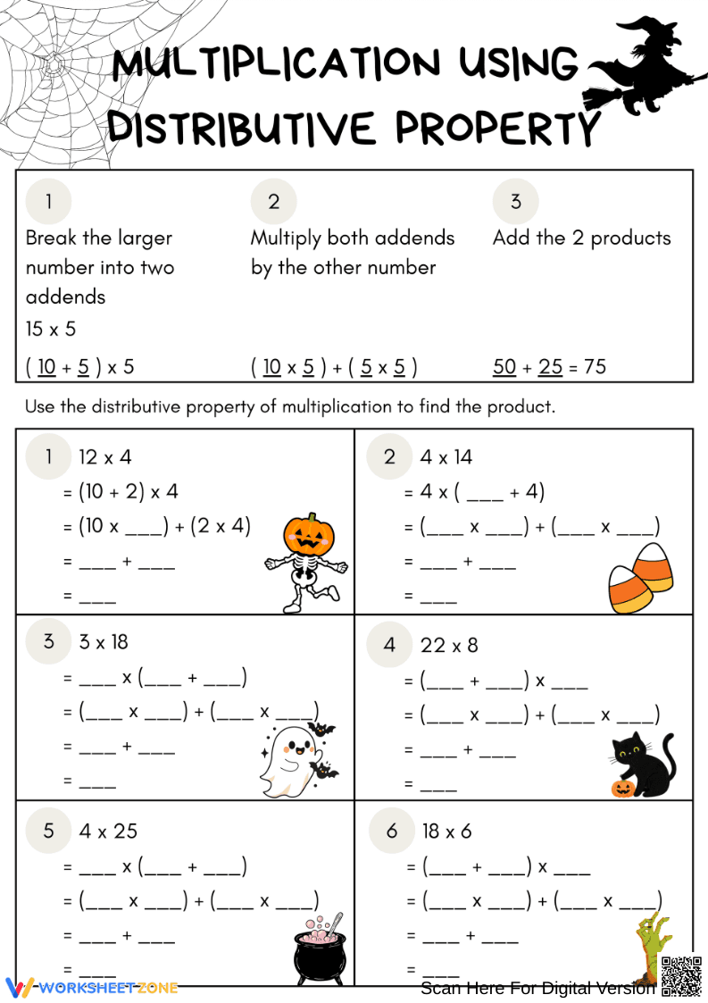 Halloween Multiplication Using Distributive Property Worksheet - Page 1