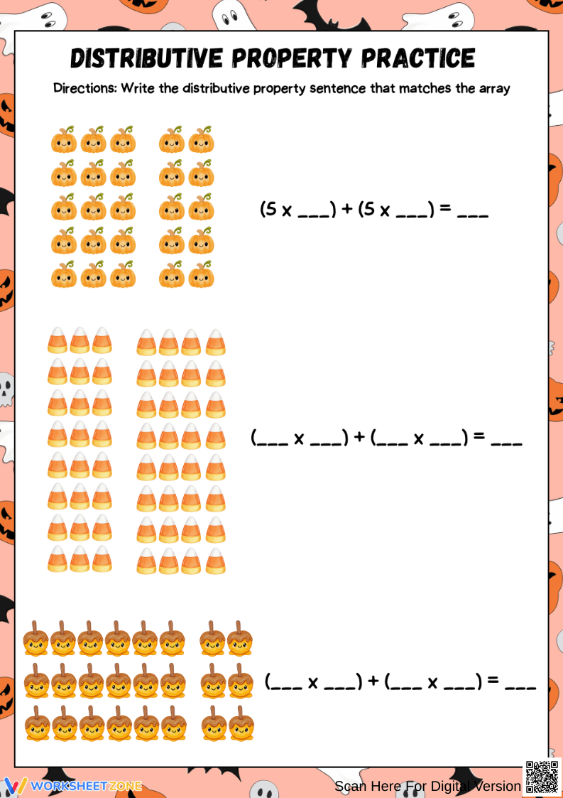 Halloween Distributive Property Practice with Arrays Worksheet - Page 1