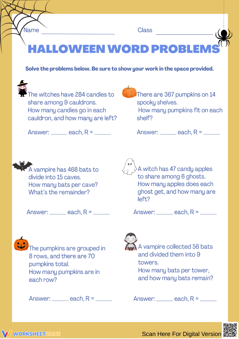 Halloween Word Problems – Division with Remainders Practice - Page 1