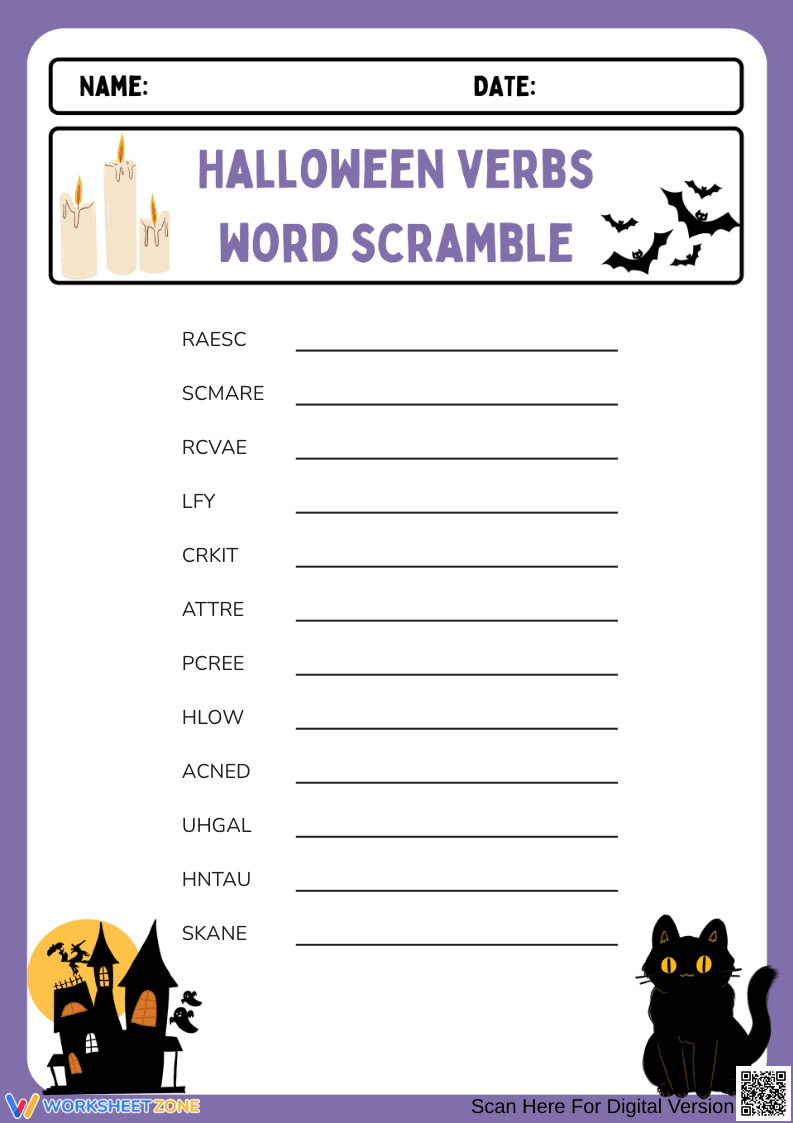 Halloween Spooky Verbs Word Scramble for Grade 3 - Page 1