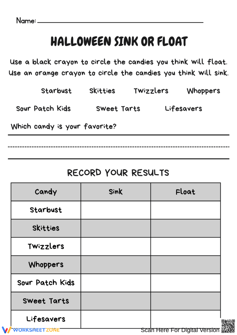Halloween Sink or Float – Candy Science Experiment Worksheet - Page 1