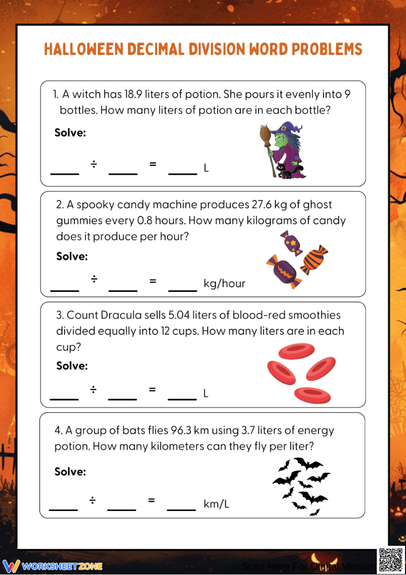 Halloween Decimal Division Word Problems – Spooky Math Practice - Page 1