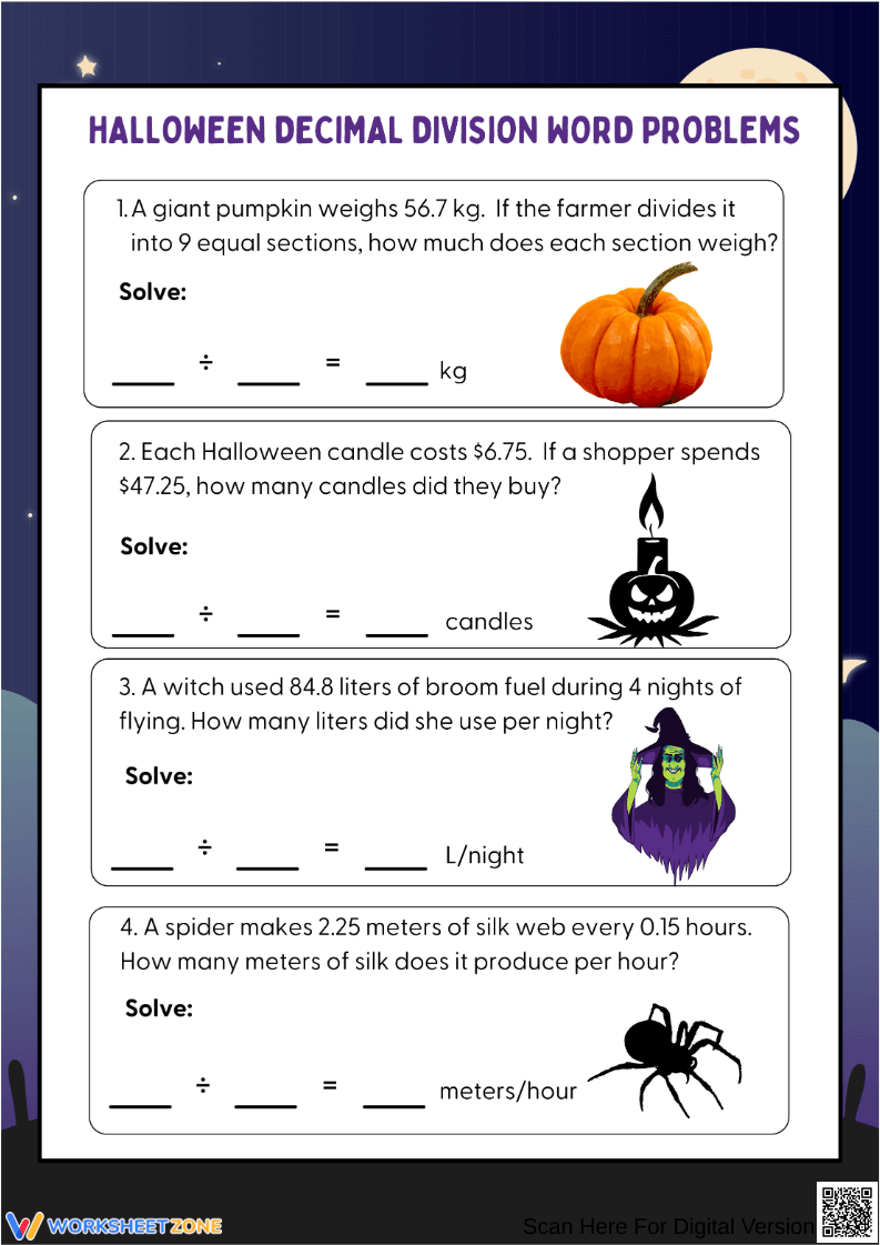 Halloween Decimal Division Word Problems – Fun Math Practice - Page 1