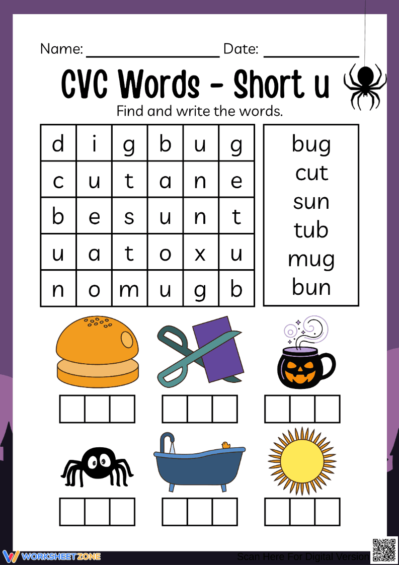 Halloween Short U CVC Word Worksheet for Kids - Page 1