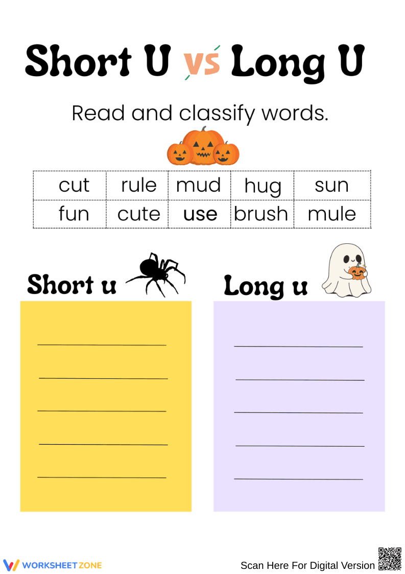 Short U vs Long U – Halloween Phonics Worksheet - Page 1
