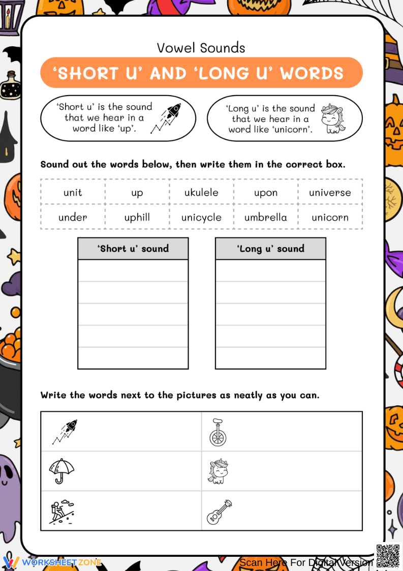 Short U and Long U Vowel Sounds – Halloween Phonics Worksheet - Page 1