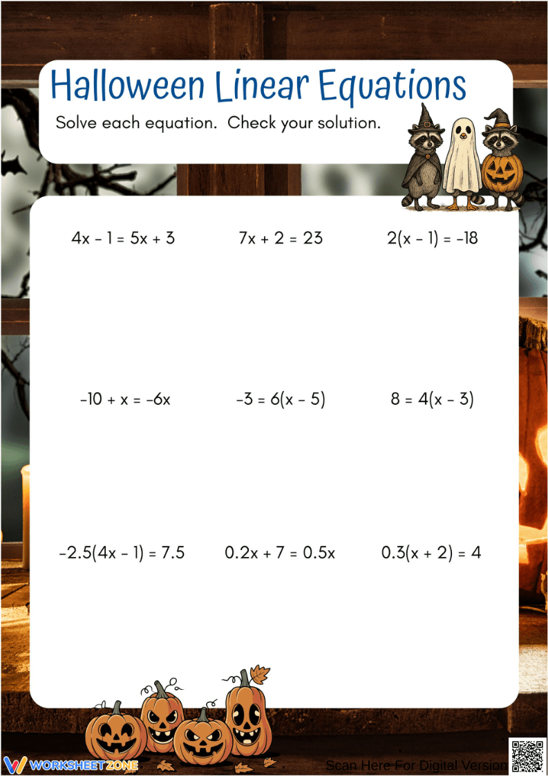 Halloween Multi-Step Linear Equations Worksheet - Page 1