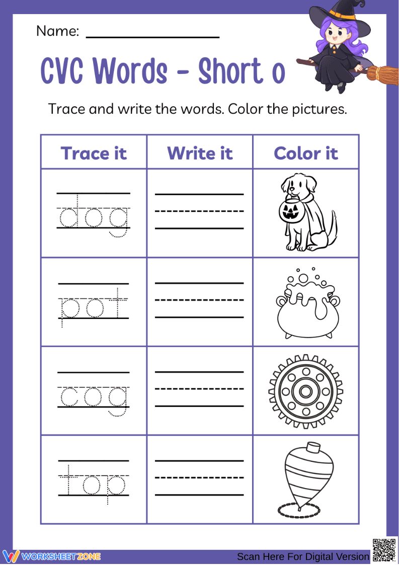 Halloween Short O Trace, Write & Color Worksheet - Page 1
