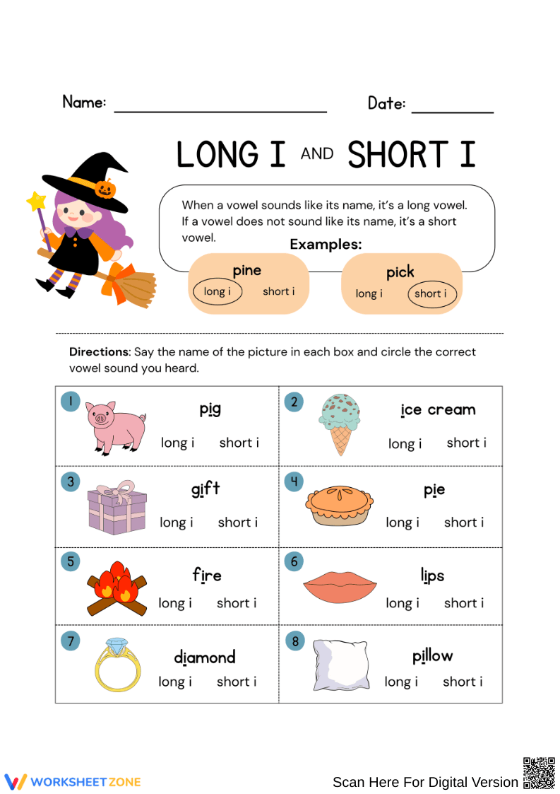 Halloween Long and Short I Vowel Sounds Worksheet - Page 1