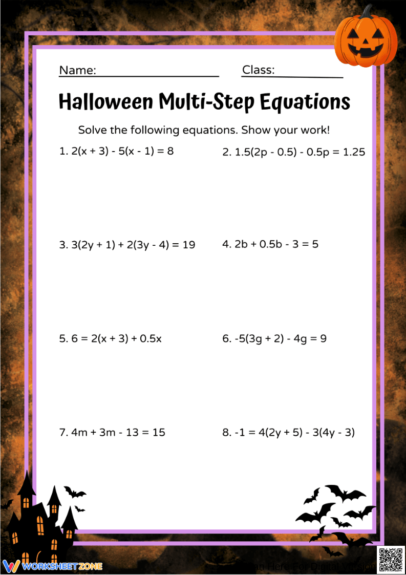 Halloween Multi-Step Equations – Algebra Practice Worksheet - Page 1