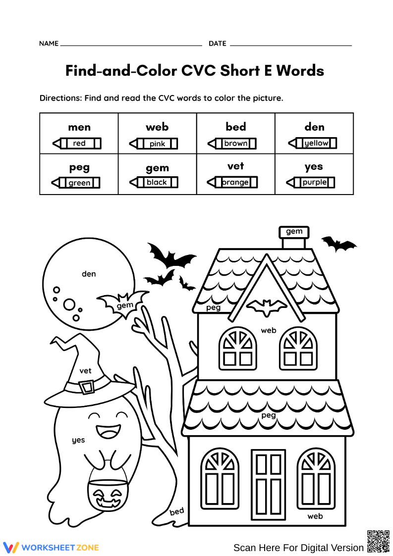 Find and Color CVC Short E Words Worksheet - Page 1